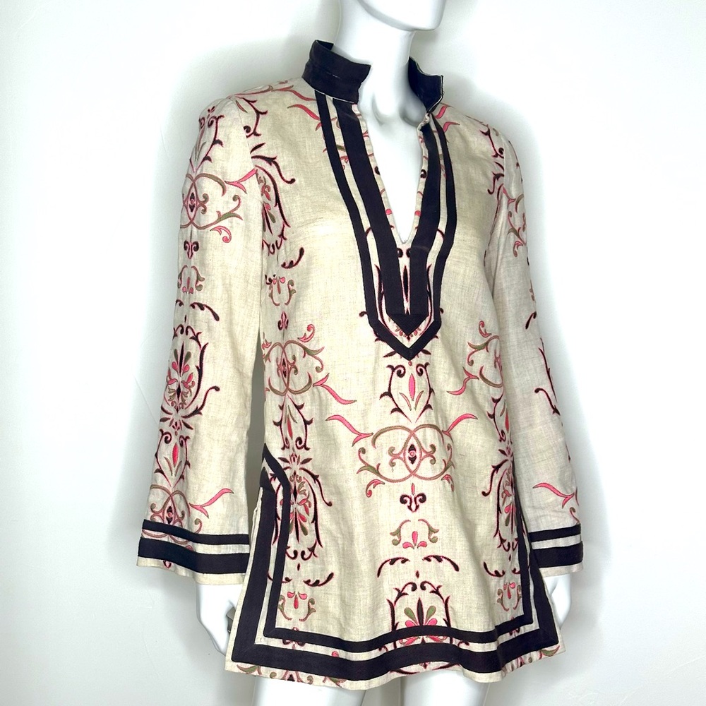 Tory Burch Embroidered Cream, Brow & Peach Linen Tunic SZ 8